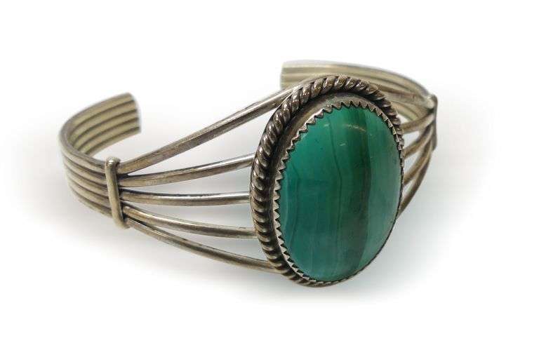Sterling Silver Cuff Bracelet with Malachite Stone image