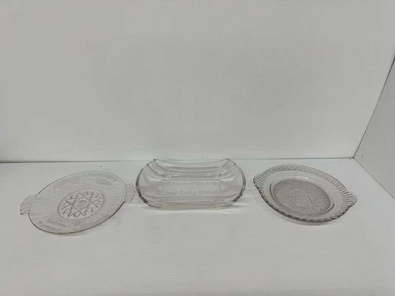 Vintage Clear Glass Bread Dish and Two Plates image