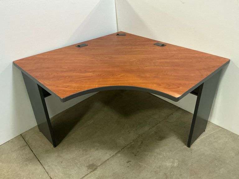 Corner Office Desk with Wood Grain Top and Black Legs image