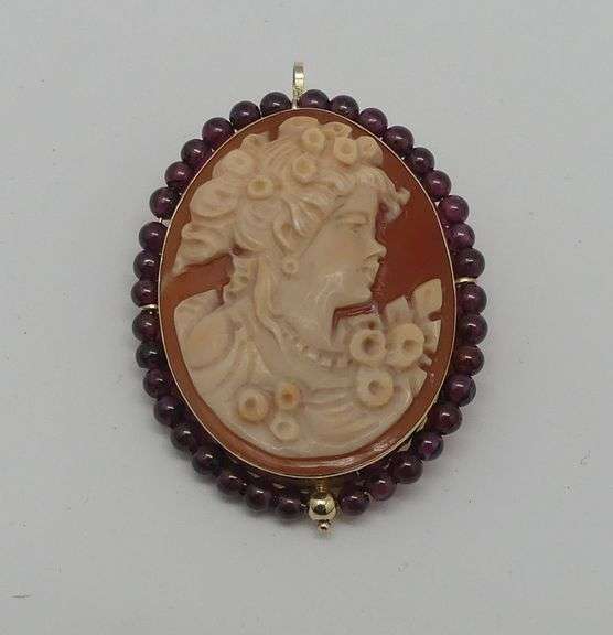 Carved Cameo Brooch Pendant with Garnet Beads image