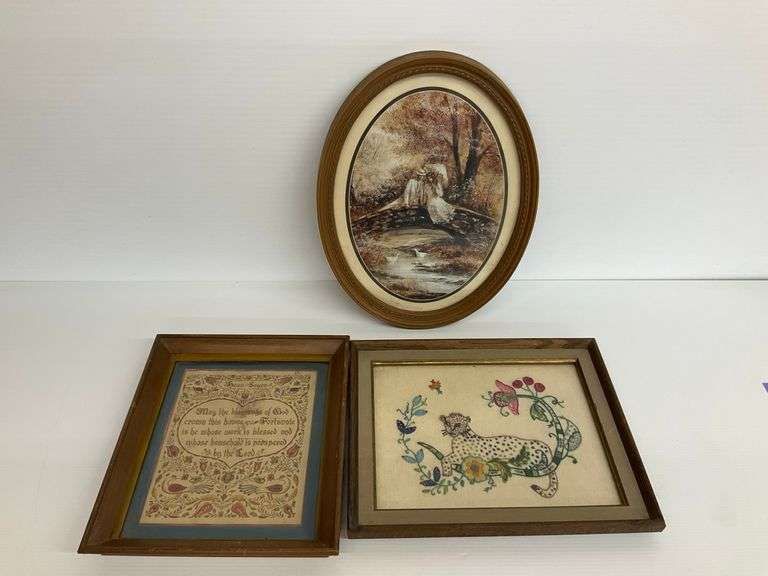 Oval Landscape, Decorative Print and Stitchery... All Framed image