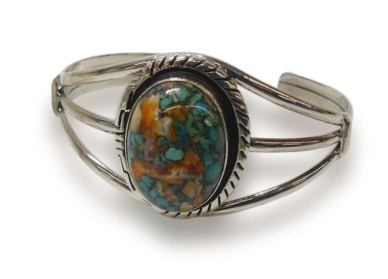 Sterling Silver Cuff Bracelet with Spiny Turquoise Stone by R Kee image