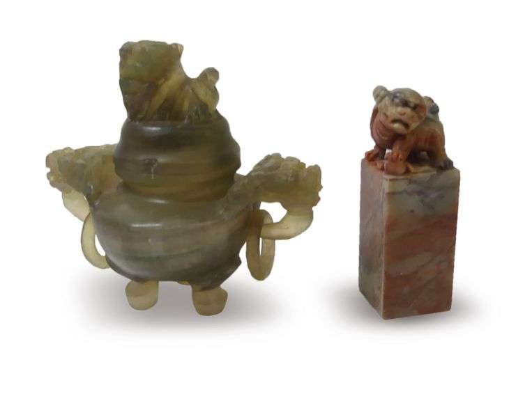 Two Chinese Soapstone Foo Dog Carved Figures image