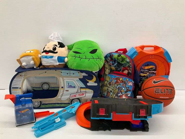 Plush Toys, Hot Wheels Track Set, Marvel Backpack & Basketball image