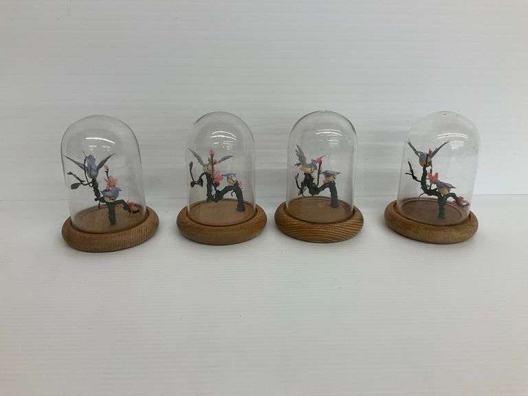 Four Miniature Bird Figurines under Glass Cloche Domes image