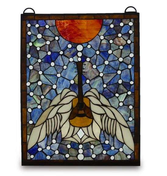Contemporary Stained Glass Panel Depicting Winged Guitar image
