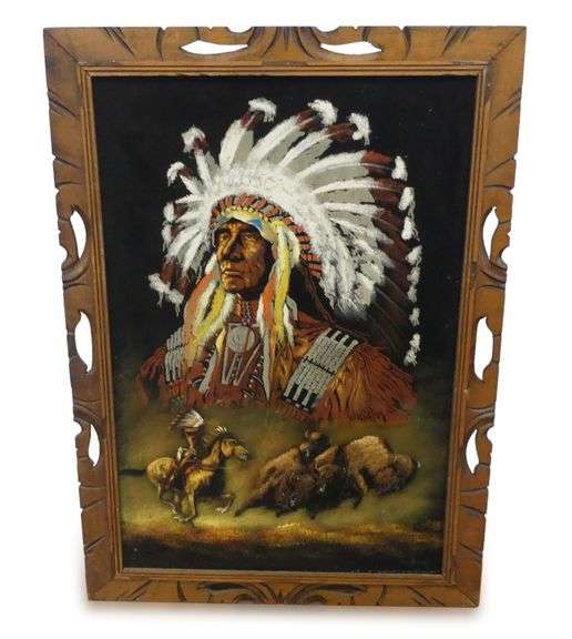 Framed Native American Chief and Buffalo Painting image