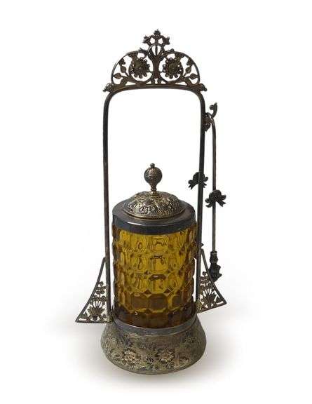 Antique Pickle Jar with Silverplated Holder and Tongs image