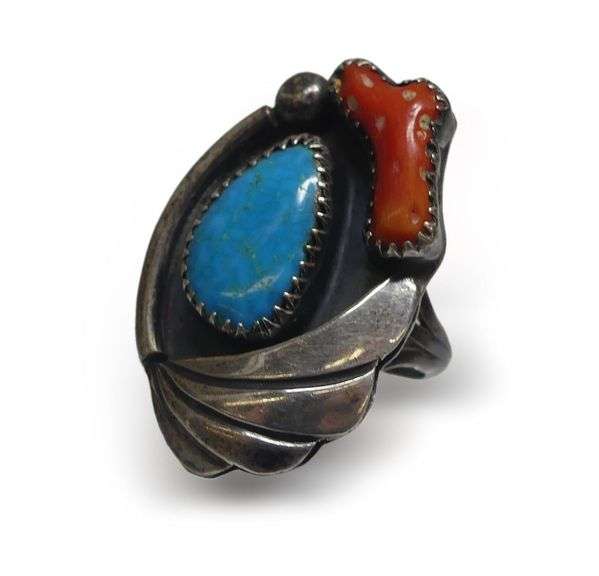 Sterling Silver, Coral, and Turquoise Ring Size 7.5 image