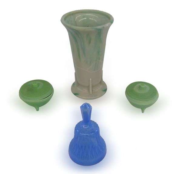 Akro Agate/Houze Vase, Lidded Bowls, and Bell image