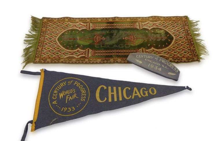 1933-1934 Chicago World's Fair Fringed Textile, Pennant, & Cap image