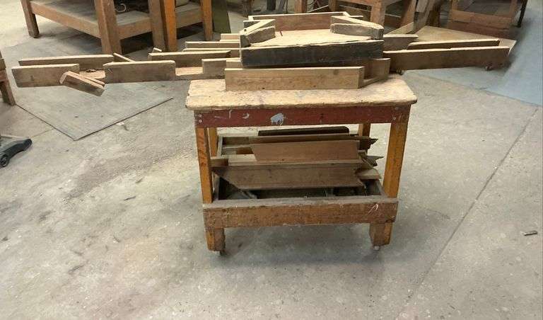 Wooden Rolling Workbench with Wood Scraps ... 36 x 36 x 25 in. image