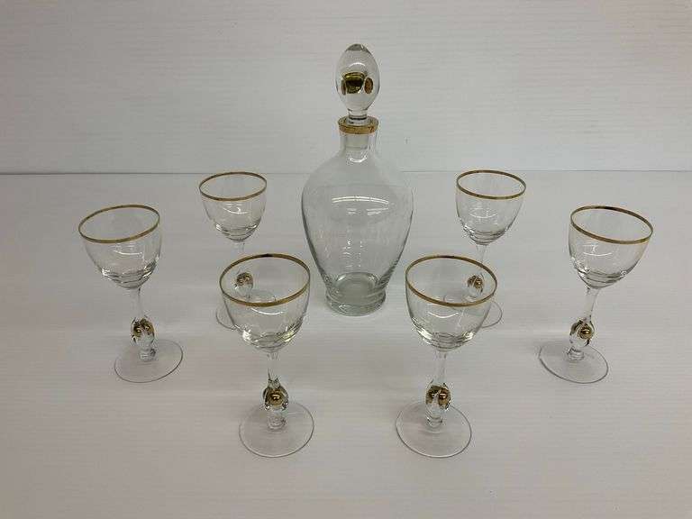 Vintage Czechoslovakian Atlas Crystal Decanter and Six Matching Cordial Glasses with Gold Trim image