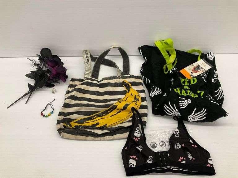 Assorted Apparel & Accessories: Andy Warhol Banana Striped Tote, Skeleton Apron & Skull Bra image