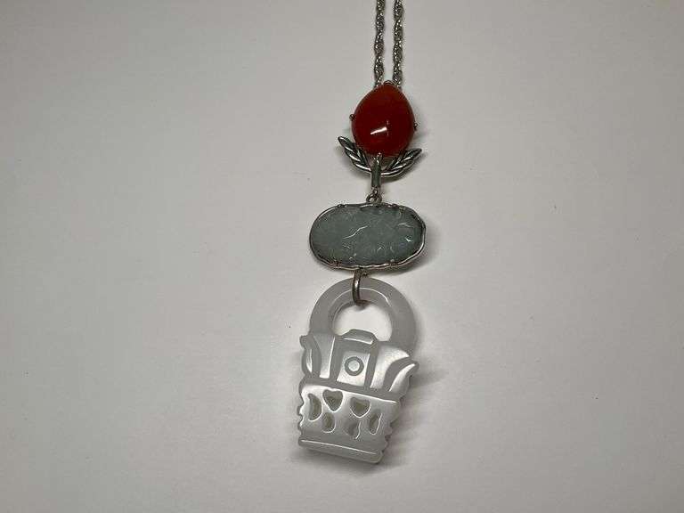 Sterling Silver Three Color Jade 3.25 in. Art Carved Flower Basket Pendant...18 in. Rope Necklace image