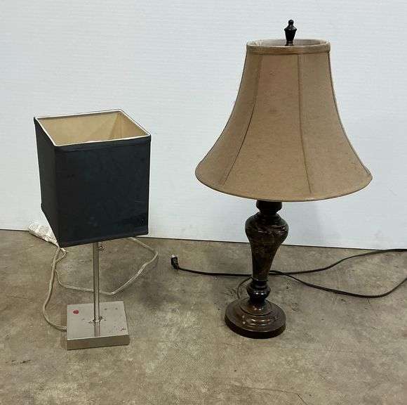 Table Lamp Pair: Black Cube Lamp and Brown Shade Lamp, work 28in image