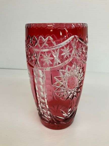 Ruby Red Cut to Clear Glass Vase with Starburst Pattern image