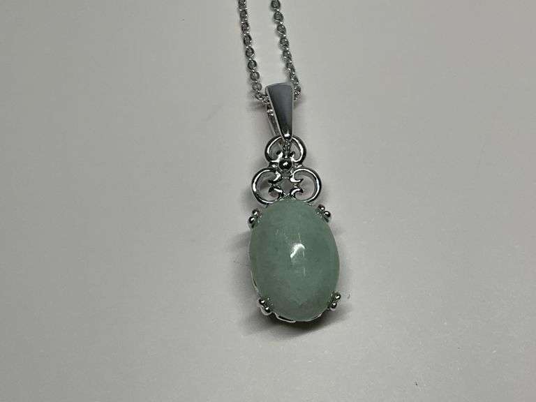 Sterling Silver 9x13mm Cabochon Green Jade 1.18 in. Pendant...18 in. Necklace image