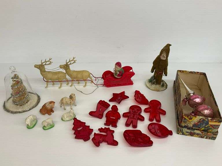 Vintage Christmas Decorations Including Reindeer with Sleigh, Ornaments, Cookie Cutters, and More image