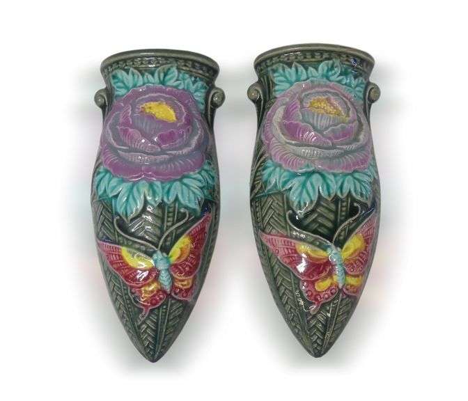 Pair of Vintage Wall Pocket Vases with Floral and Butterfly Design image