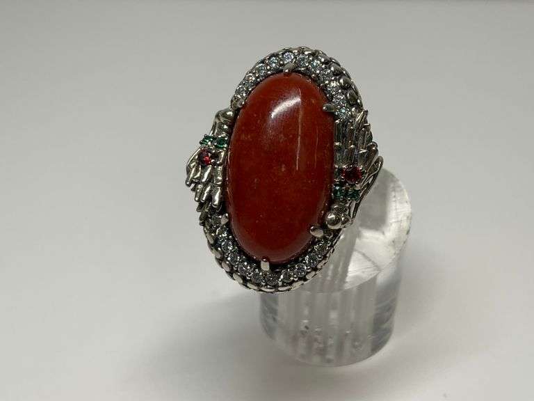 Sterling Silver 15x25mm Orange Jade & CZ Gem Ring w/Halo of 2 Serpents...Size 8 image