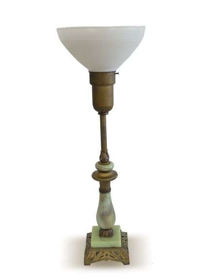 Art Deco Style Green Stone and Brass Finish Table Lamp... some damage/see photos image