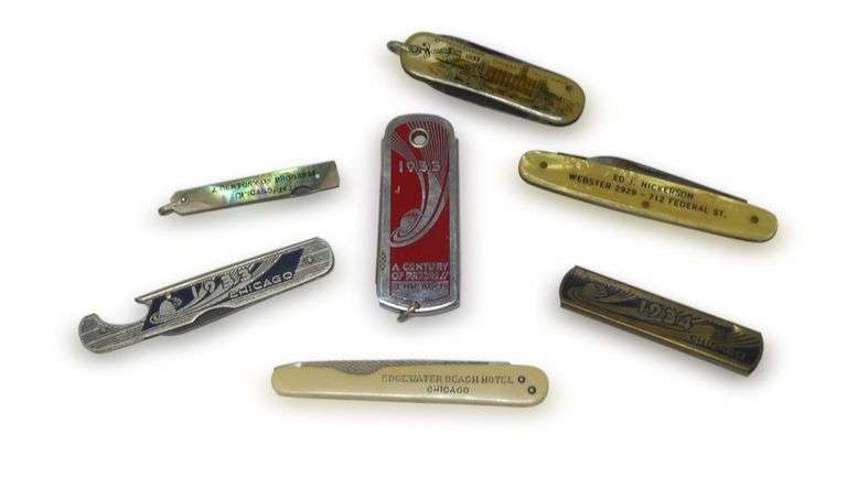 Seven Century of Progress Pocket Knives Featuring Chicago Landmarks and Businesses image