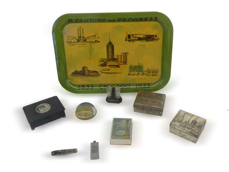 1933-1934 Chicago World's Fair Souvenir Collection - Tray, Trinket Boxes, Paperweight, and Other Items image