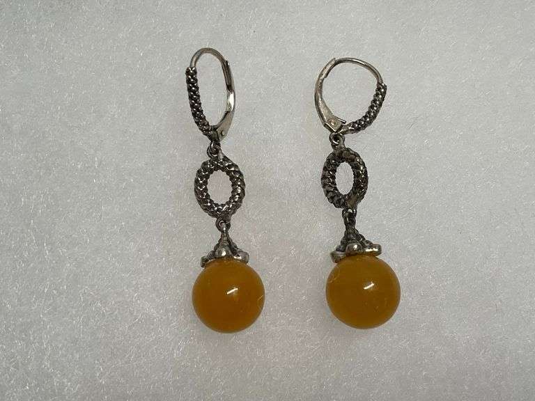 Sterling Silver 10mm Yellow Jade Sphere Leverback 1.625 in. Double Dangle Earrings image