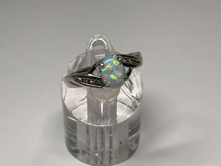 Sterling Silver Cabochon Opal Gemstone Ring w/CZ Accents...Size 8 image