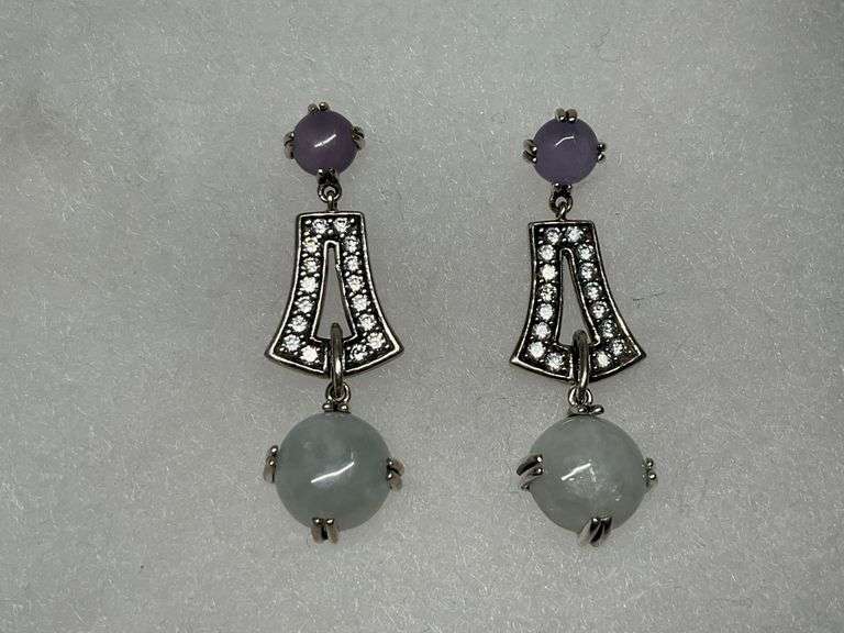 Sterling Silver Green Jade, Lavender Jade & CZ Gem 1.5 in. Pierce Post Double Dangle Earrings image