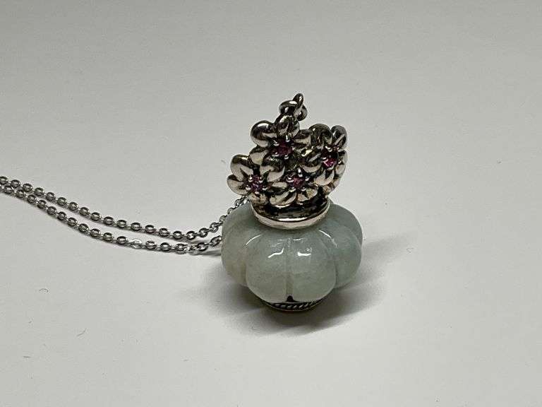 Sterling Silver Green Jade & Pink Tourmaline 1.25 in. Flower Vase Pendant...18 in. Necklace image