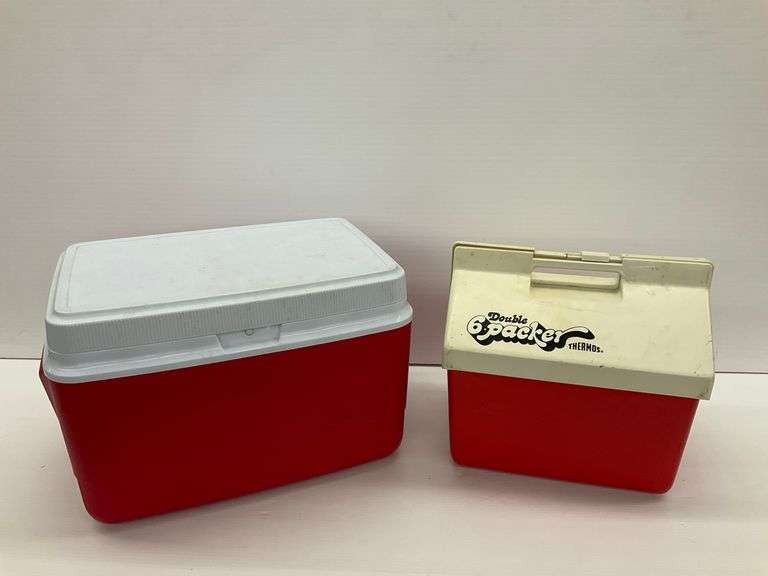 Two Red and White Plastic Coolers - Rubbermaid and Thermos Brand image
