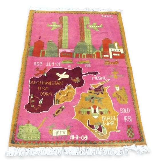 Handwoven Rug Featuring Military Themes and 9/11 Imagery image