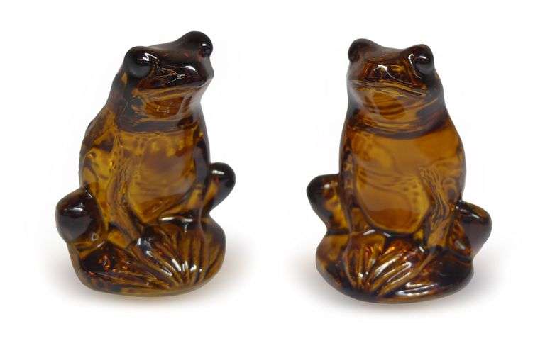 Pair of Signed Lalique Amber Color Glass Frog Figurines image