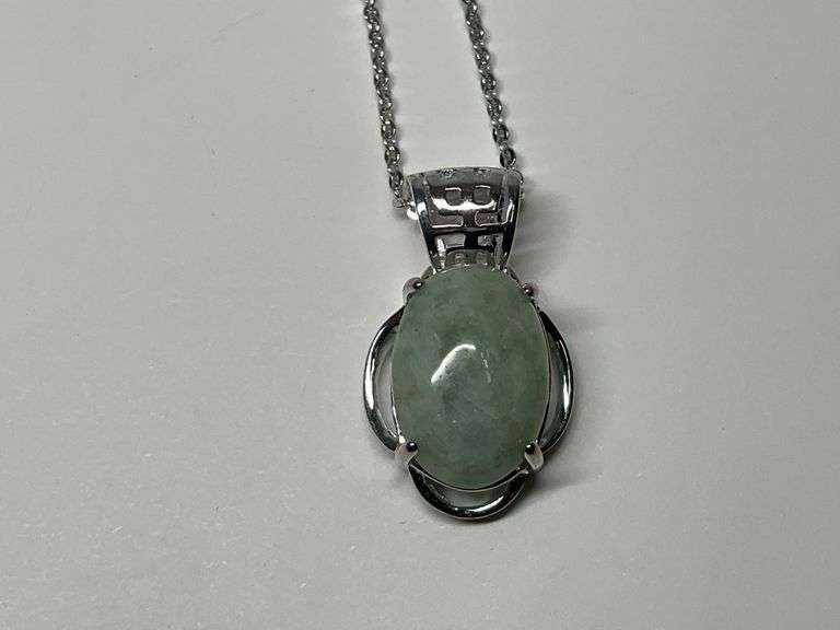 Sterling Silver 10x13mm Cabochon Green Jade .875 in. Pendant...18 in. Necklace image