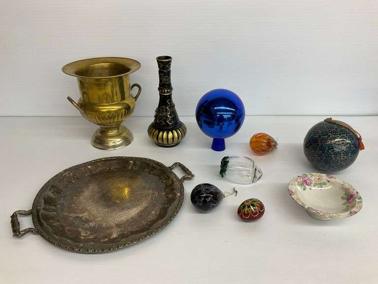 Brass Urn, Decorative Eggs, St Michael Dish, Silver Plated Tray, and More image
