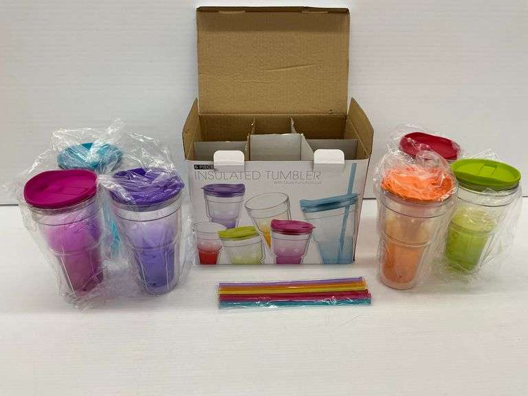 New Set of Six Insulated Tumblers with Straws and Colorful Lids image