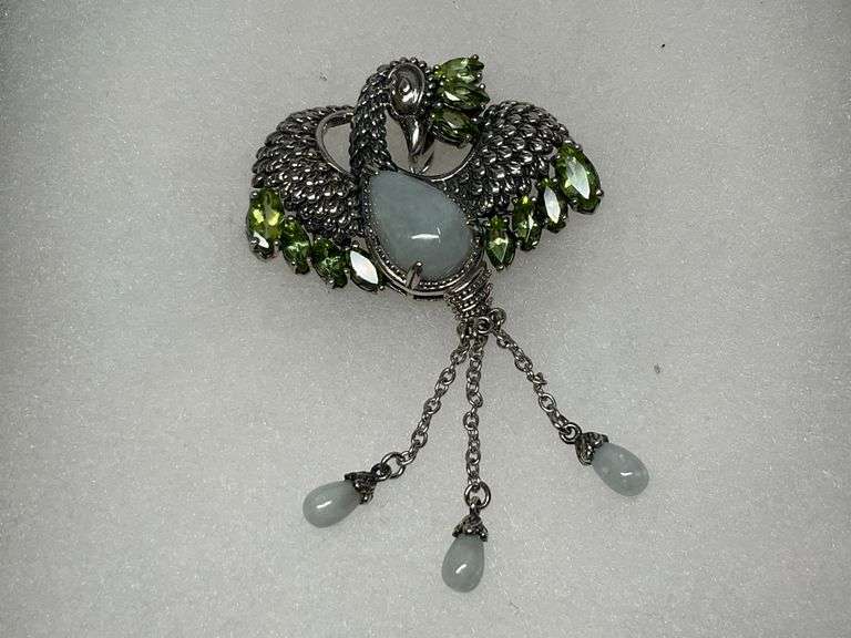 Sterling Silver Green Jade & Multi Peridot Exotic Bird Sweater Pin - 1.5 x 3.25 in. long image