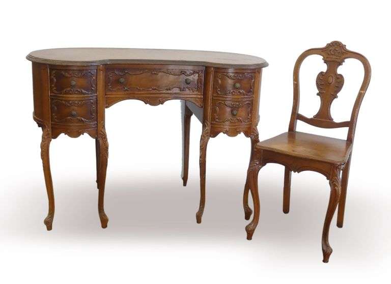 Ornate Kidney Shaped Wooden Desk with Matching Chair image