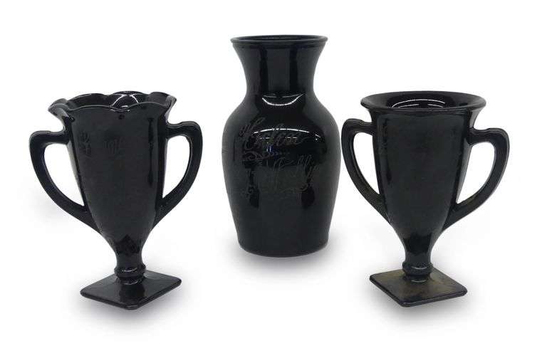 Century of Progress Exposition Engraved Black Glass Vase and Trophy Cups image