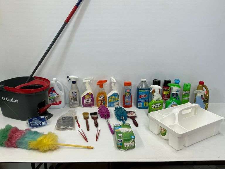 Cleaning Supplies Lot with Mop, Sprays, Dusters, and Organizer image