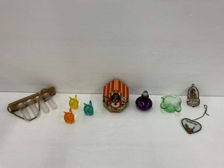 Hanging Planter, Tin Toy, Glass Figures, Perfume Bottle, Holy Water Font image