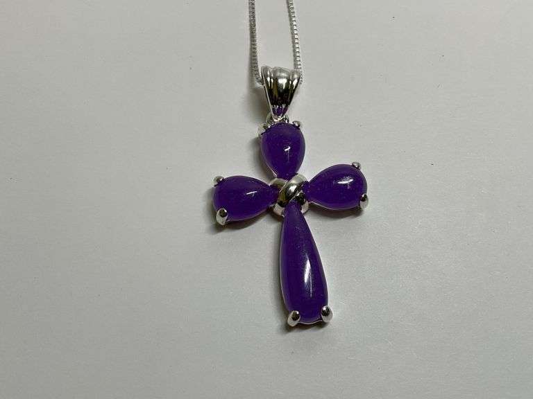 Sterling Silver Lavender Jade 1.625 in. Cross Pendant...18 in. Box Link Necklace image