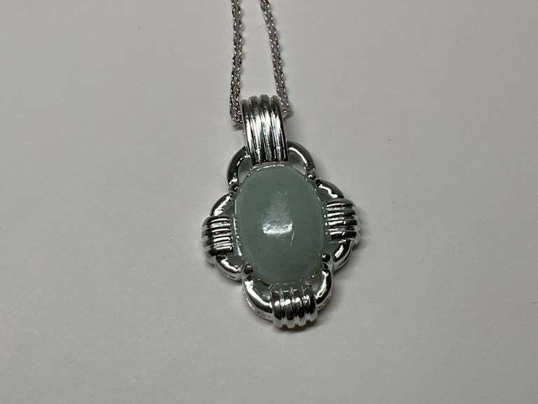 Sterling Silver 10x13 mm Cabochon Green Jade 1 in. Pendant...18 in. Necklace image