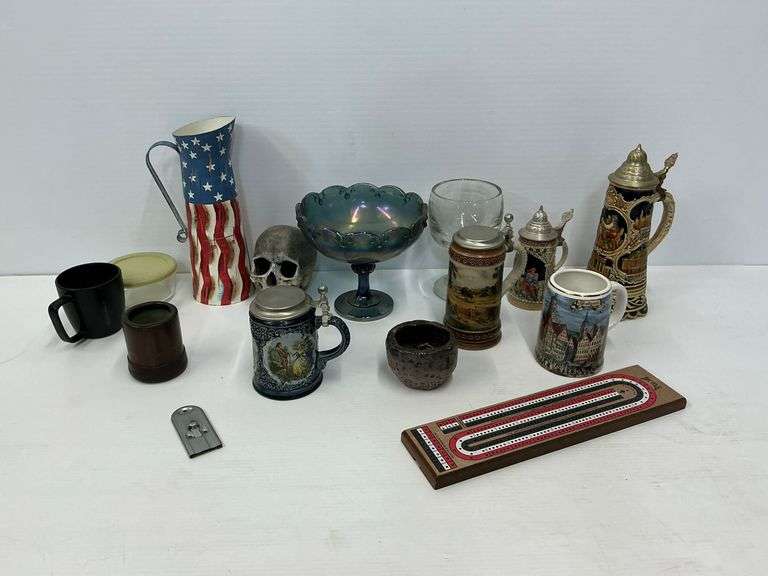 Mixed Lot of Collectible Items Including Beer Steins, Glassware, and a Cribbage Board image