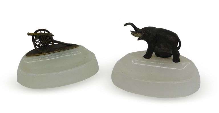 Two Metal Animal & Cannon Figurines on Stone Bases image