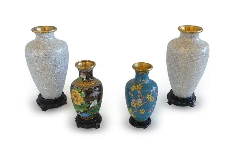 Four Cloisonne Vases with Wooden Bases image