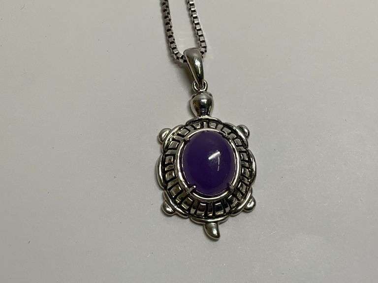 Sterling Silver 8x10mm Lavender Jade 1.25 in. Turtle Pendant...24 in. Boxlink Necklace image