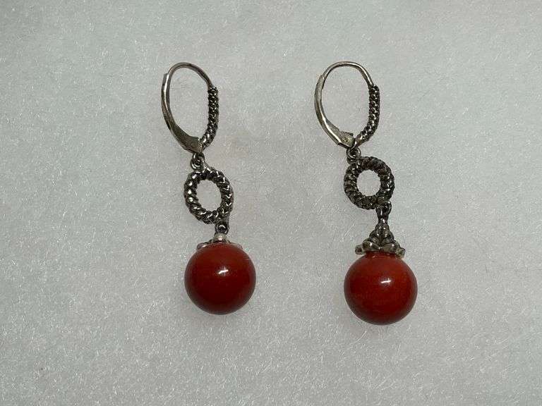 Sterling Silver 10mm Orange Jade Sphere Leverback 1.625 in. Double Dangle Earrings image